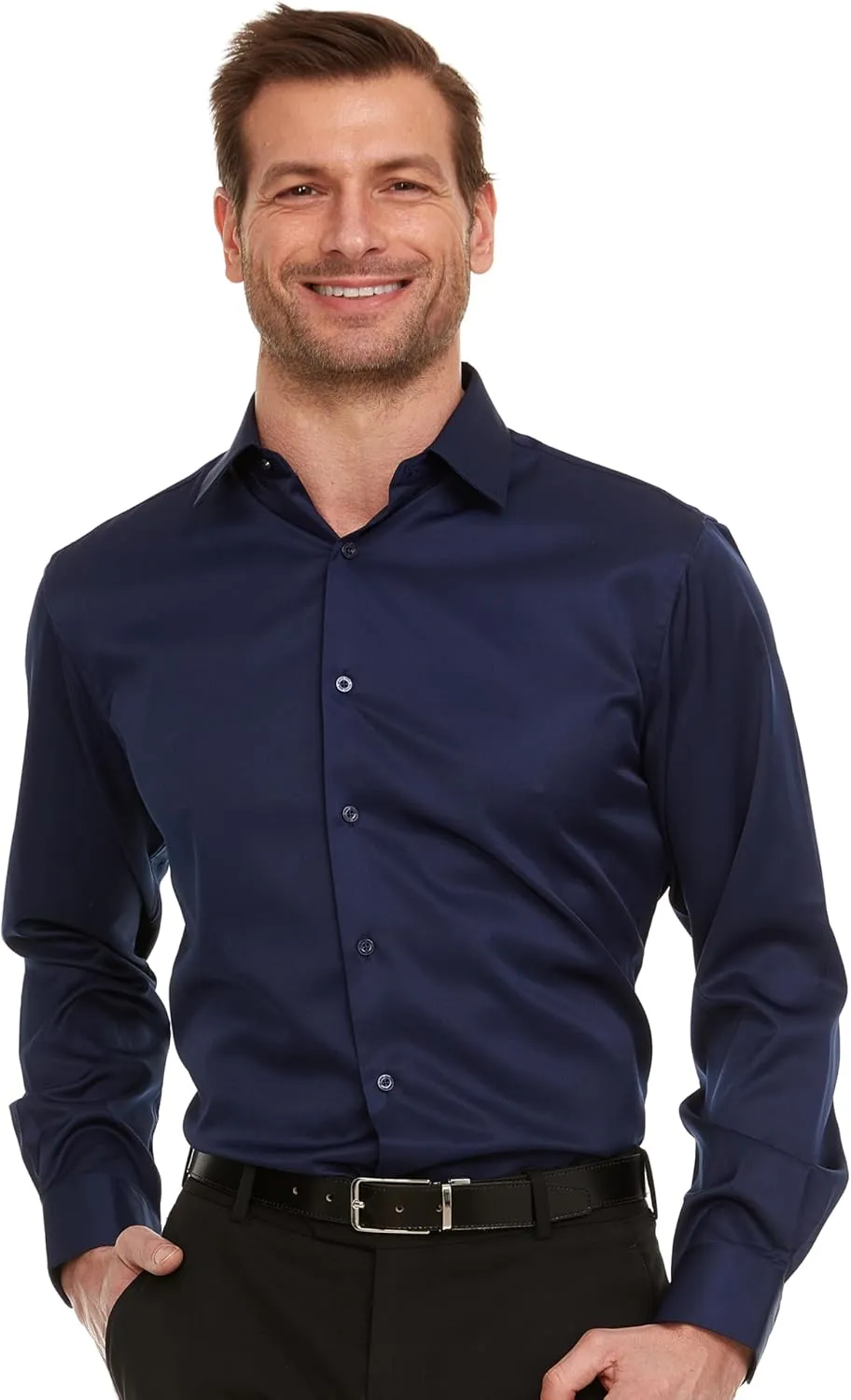 Geoffrey Beene Mens Slim Fit Sateen Stretch Button Down Dress Shirt Formal Wrinkle Resistant