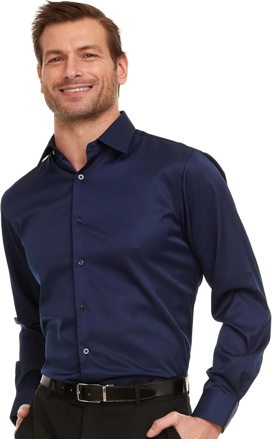 Geoffrey Beene Mens Slim Fit Sateen Stretch Button Down Dress Shirt Formal Wrinkle Resistant