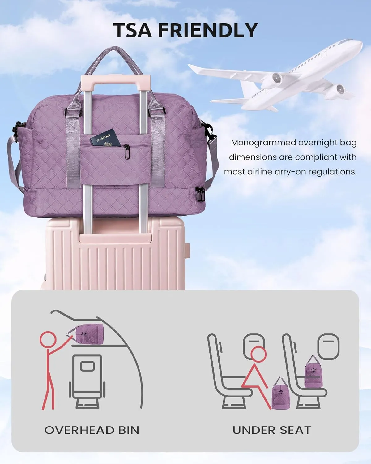 Gift for Women-Initial Teenage Girl Duffle Bag with Shoe Compartment, Personalized Weekender Bag, Monogram Overnight Bag for Kids, Letter Travel Bag with Makeup Bag, Gift for Women (Letter A)