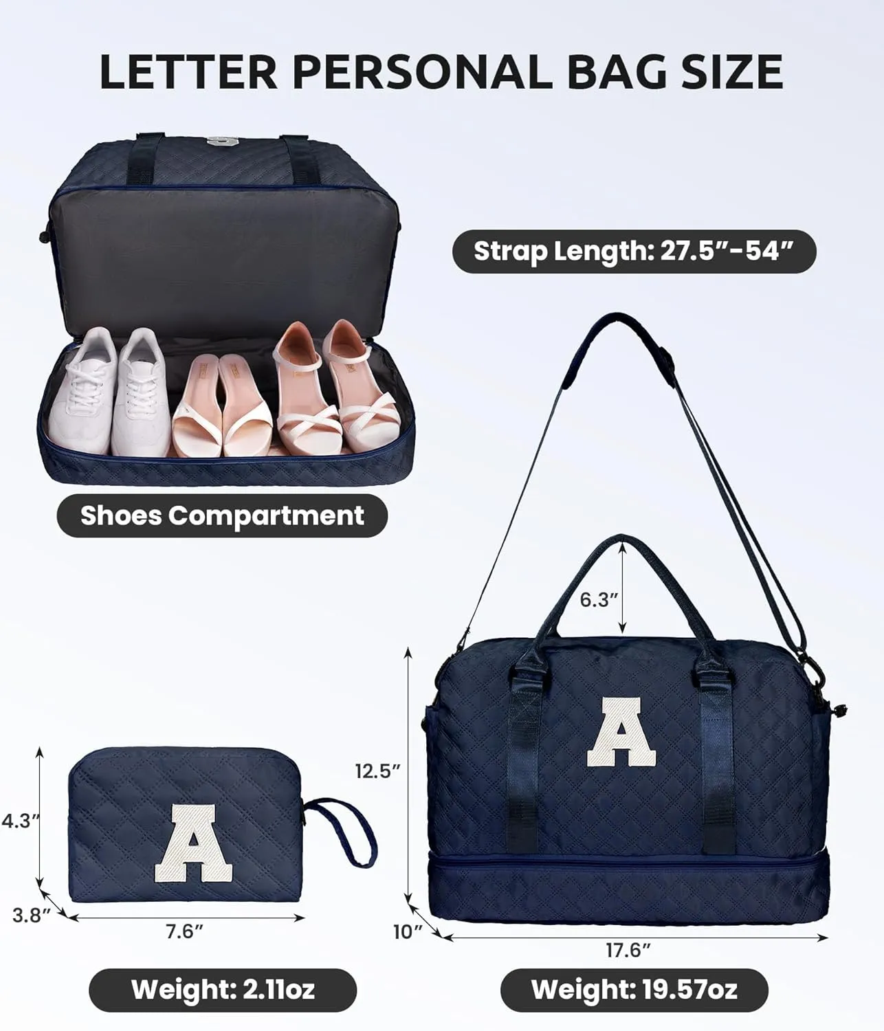 Gifts for 9 10 11 12 13 14 15 16 17 Year Old Girls-Duffle Bag with Shoe Compartment, Personalized Weekender Bag, Travel Bag with Makeup Bag，Birthday Gift Graduate Gifts for Her (Letter T)