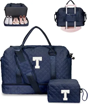 Gifts for 9 10 11 12 13 14 15 16 17 Year Old Girls-Duffle Bag with Shoe Compartment, Personalized Weekender Bag, Travel Bag with Makeup Bag，Birthday Gift Graduate Gifts for Her (Letter T)