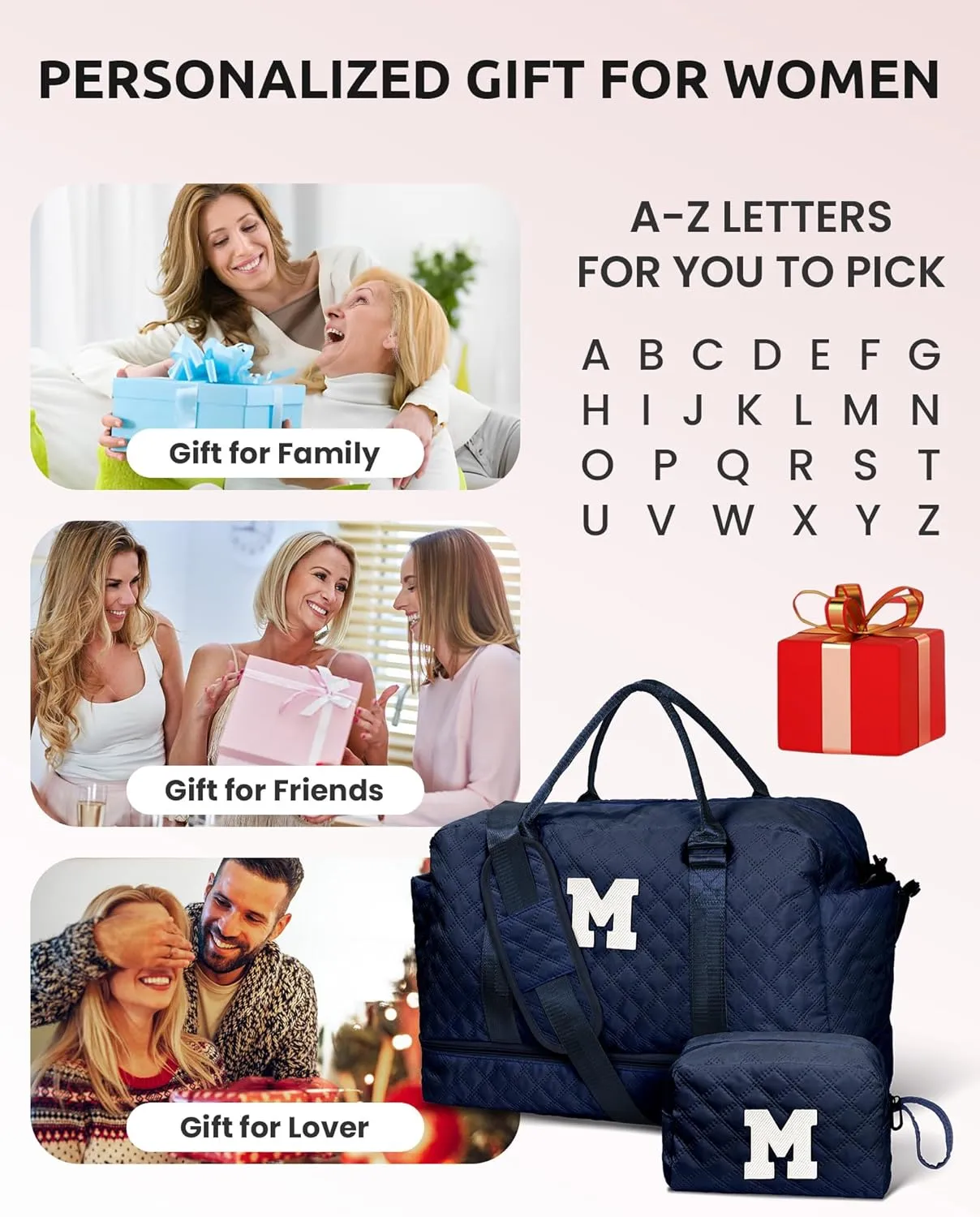 Gifts for 9 10 11 12 13 14 15 16 17 Year Old Girls-Duffle Bag with Shoe Compartment, Personalized Weekender Bag, Travel Bag with Makeup Bag，Birthday Gift Graduate Gifts for Her (Letter T)