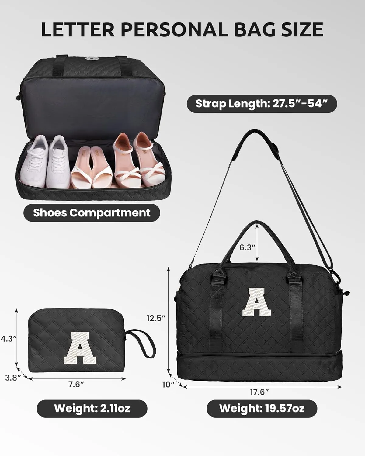 Gifts for Teen-Girls-Initial Duffle Bag with Shoe Compartment, Personalized Weekender Bag, Monogram Overnight Bag, Travel Bag with Makeup Bag，Birthday Gift Graduate Gifts for Her (Letter H)