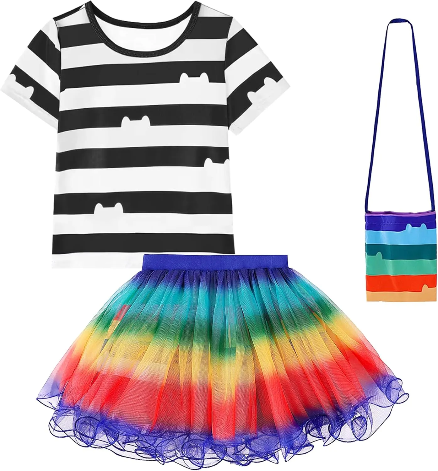 Girls Cat Dollhouse Costume with Rainbow Tutu Dress T-shirt Headband and Bag Halloween and Birthday Party Outfits