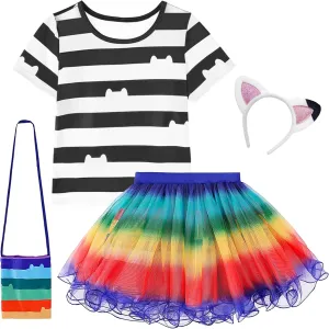 Girls Cat Dollhouse Costume with Rainbow Tutu Dress T-shirt Headband and Bag Halloween and Birthday Party Outfits