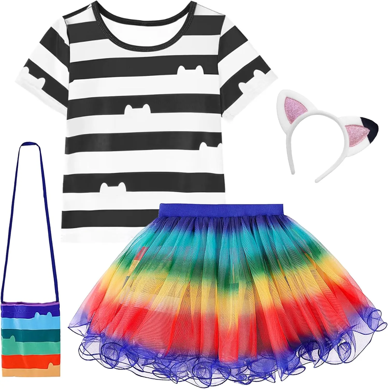 Girls Cat Dollhouse Costume with Rainbow Tutu Dress T-shirt Headband and Bag Halloween and Birthday Party Outfits