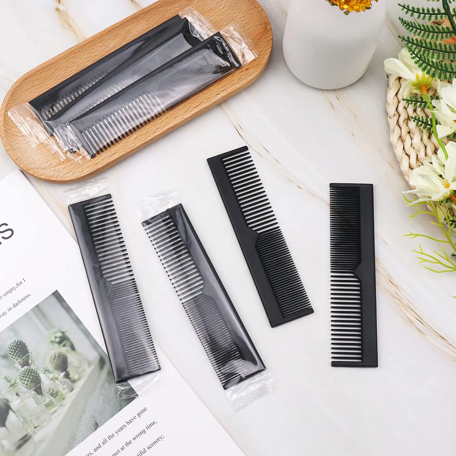 Gisdo 200 Pack Plastic Fine Tooth Combs, Individually Wrapped, Black, for Hair Grooming and Delousing