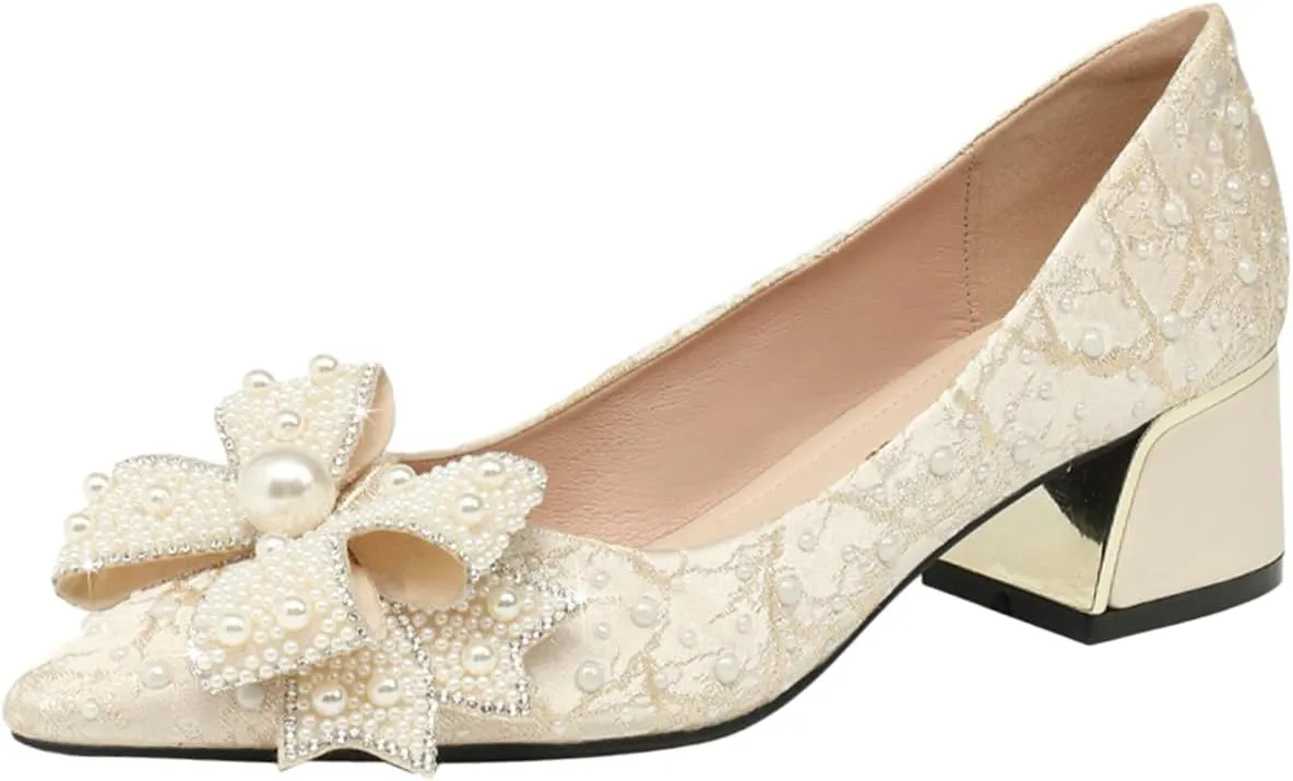 Gladtbser Women's Rhinestone Bow Satin Pumps Fashion Pearl Pointed Toe Chunky Heel Shoes Slip On Wedding Dress Shoes for Party Office Wedding Evening