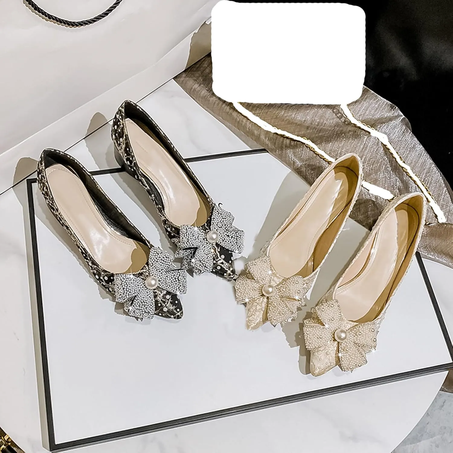 Gladtbser Women's Rhinestone Bow Satin Pumps Fashion Pearl Pointed Toe Chunky Heel Shoes Slip On Wedding Dress Shoes for Party Office Wedding Evening