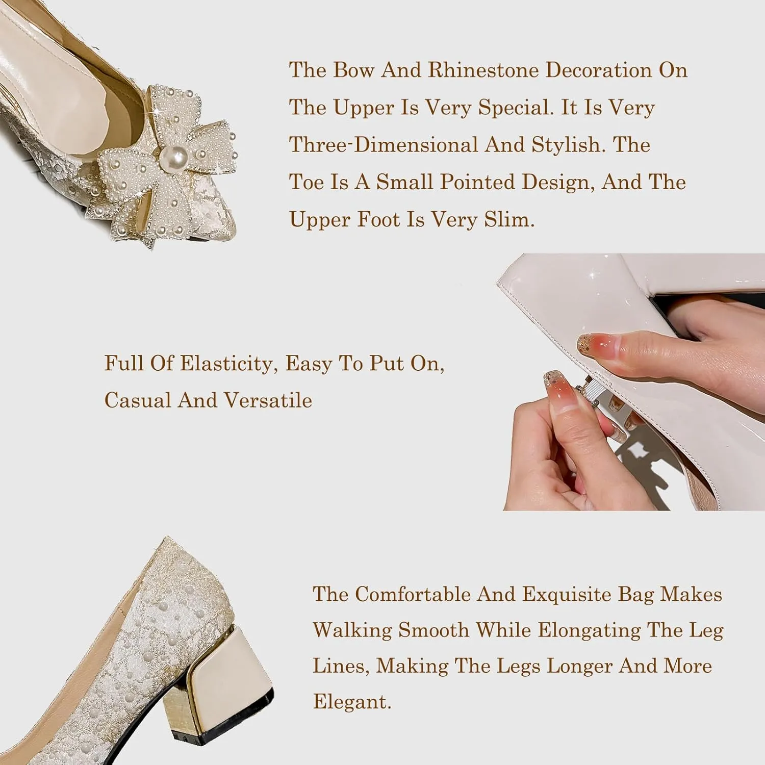 Gladtbser Women's Rhinestone Bow Satin Pumps Fashion Pearl Pointed Toe Chunky Heel Shoes Slip On Wedding Dress Shoes for Party Office Wedding Evening