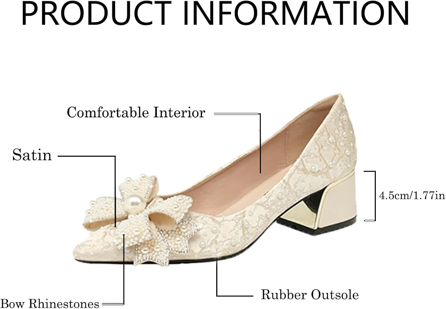 Gladtbser Women's Rhinestone Bow Satin Pumps Fashion Pearl Pointed Toe Chunky Heel Shoes Slip On Wedding Dress Shoes for Party Office Wedding Evening