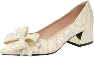 Gladtbser Women's Rhinestone Bow Satin Pumps Fashion Pearl Pointed Toe Chunky Heel Shoes Slip On Wedding Dress Shoes for Party Office Wedding Evening