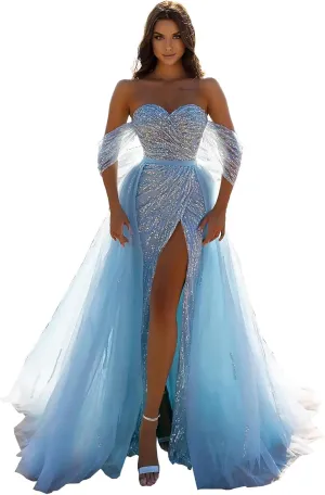 Glitter Sequin Prom Dresses 2024 Mermaid Slit Tulle Evening Sparkly Stretch Formal Gown with Undetachable Train DR0087