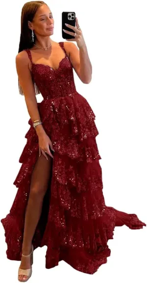Glitter Tiered Tulle Lace Prom Dresses Long for Teens 2024 Spaghetti Straps Formal Wedding Evening Gowns VS035