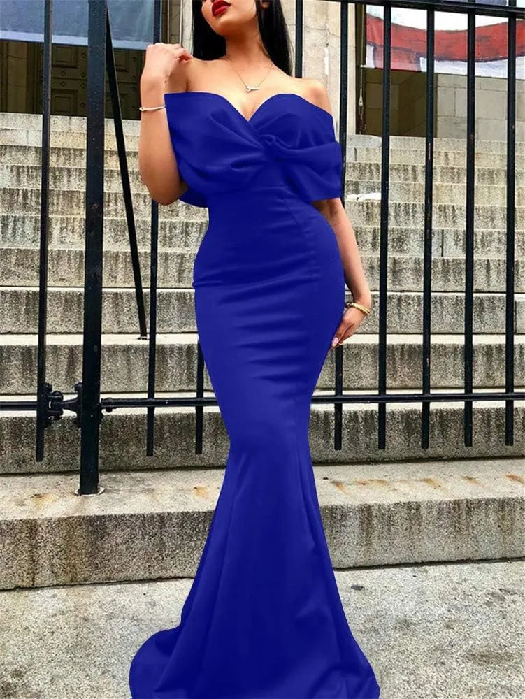 GOBLES Women Sexy V Neck Off The Shoulder Evening Gown Fishtail Maxi Dress