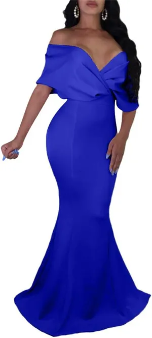 GOBLES Women Sexy V Neck Off The Shoulder Evening Gown Fishtail Maxi Dress