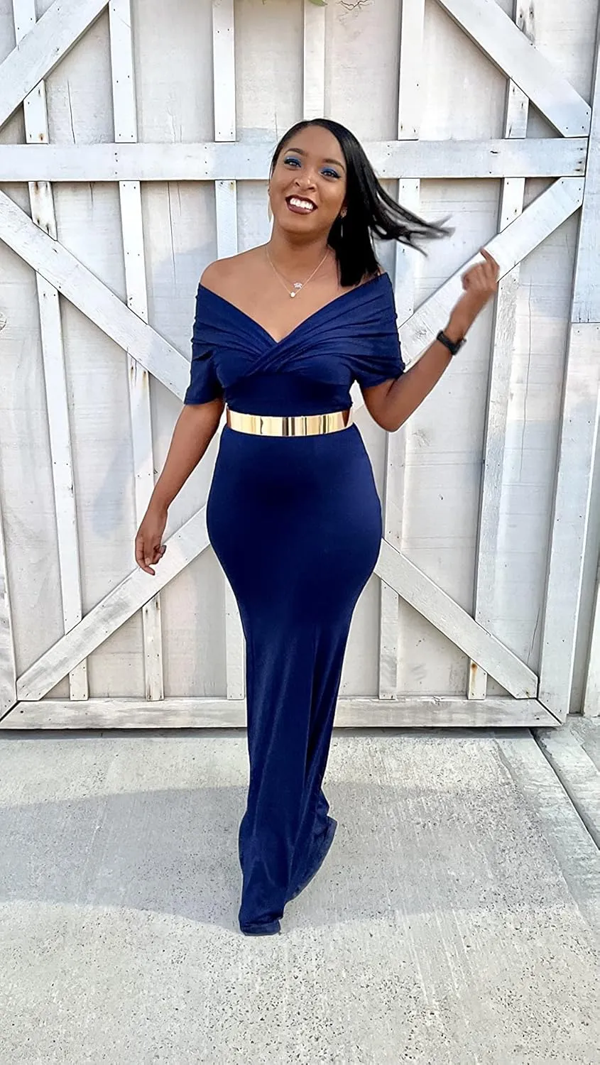GOBLES Women Sexy V Neck Off The Shoulder Evening Gown Fishtail Maxi Dress