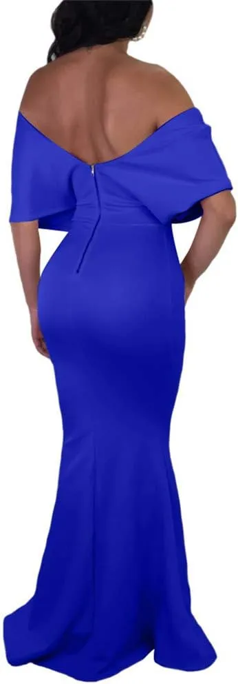 GOBLES Women Sexy V Neck Off The Shoulder Evening Gown Fishtail Maxi Dress