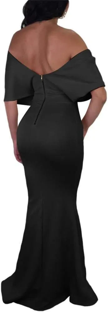 GOBLES Women Sexy V Neck Off The Shoulder Evening Gown Fishtail Maxi Dress