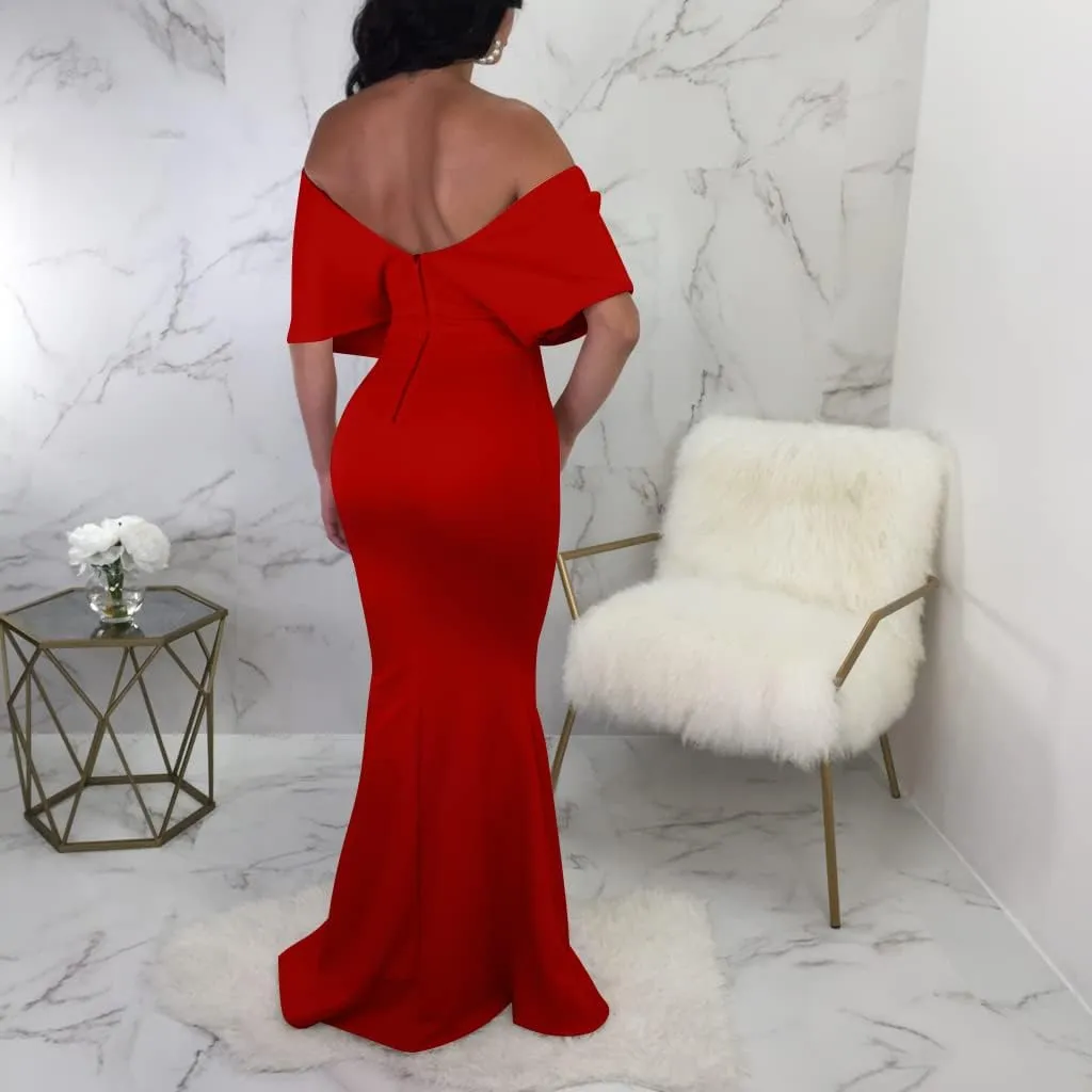 GOBLES Women Sexy V Neck Off The Shoulder Evening Gown Fishtail Maxi Dress