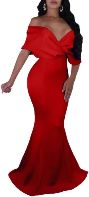GOBLES Women Sexy V Neck Off The Shoulder Evening Gown Fishtail Maxi Dress