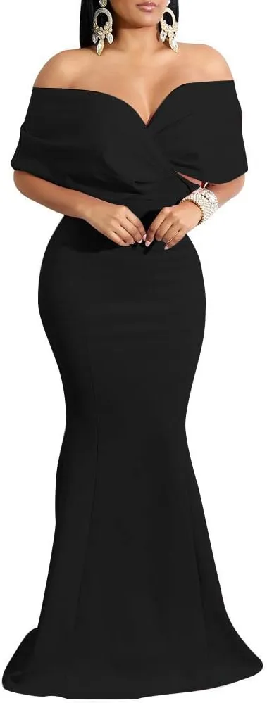 GOBLES Women Sexy V Neck Off The Shoulder Evening Gown Fishtail Maxi Dress