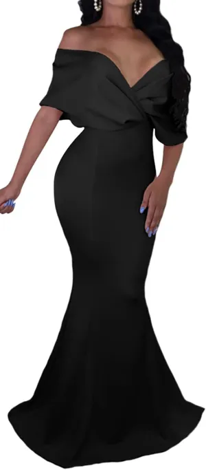 GOBLES Women Sexy V Neck Off The Shoulder Evening Gown Fishtail Maxi Dress