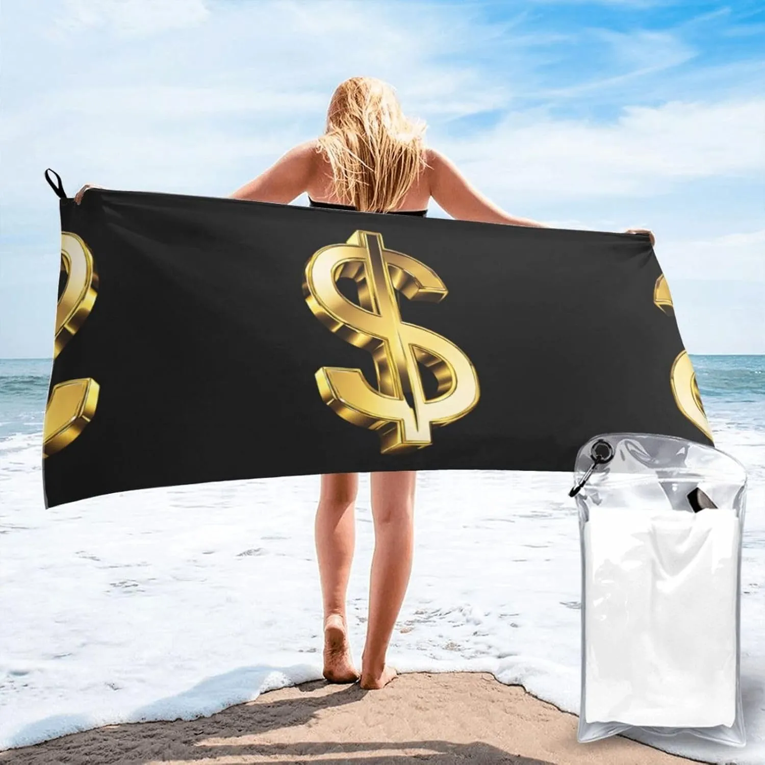 Gold Dollar Sign Premium Compact Microfiber Travel Towel-Featherlight & Quick Dry,Sand-Resistant Beach Towel for Swimming,Camping,Vacation Essentials with Carry Pouch