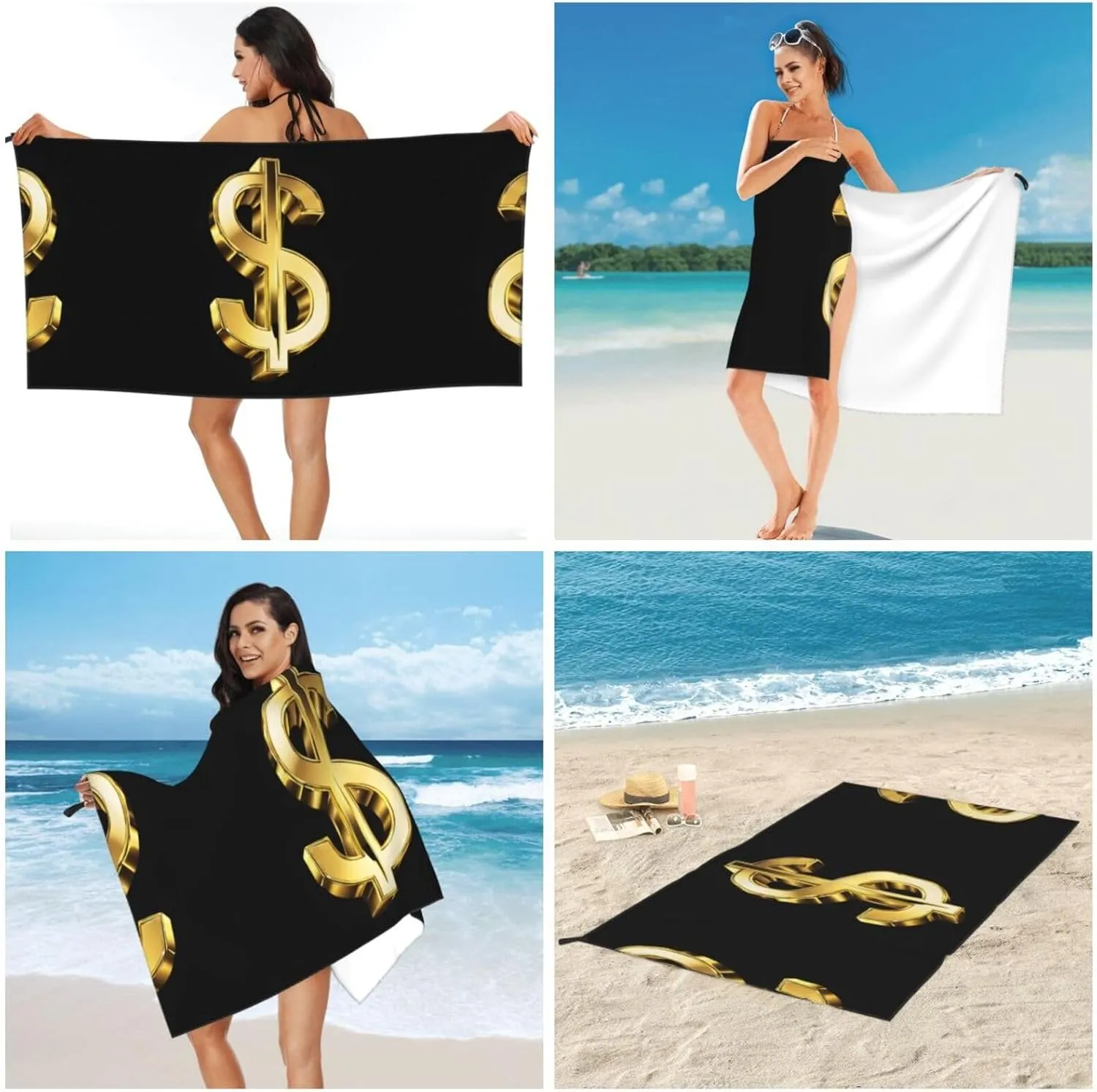 Gold Dollar Sign Premium Compact Microfiber Travel Towel-Featherlight & Quick Dry,Sand-Resistant Beach Towel for Swimming,Camping,Vacation Essentials with Carry Pouch