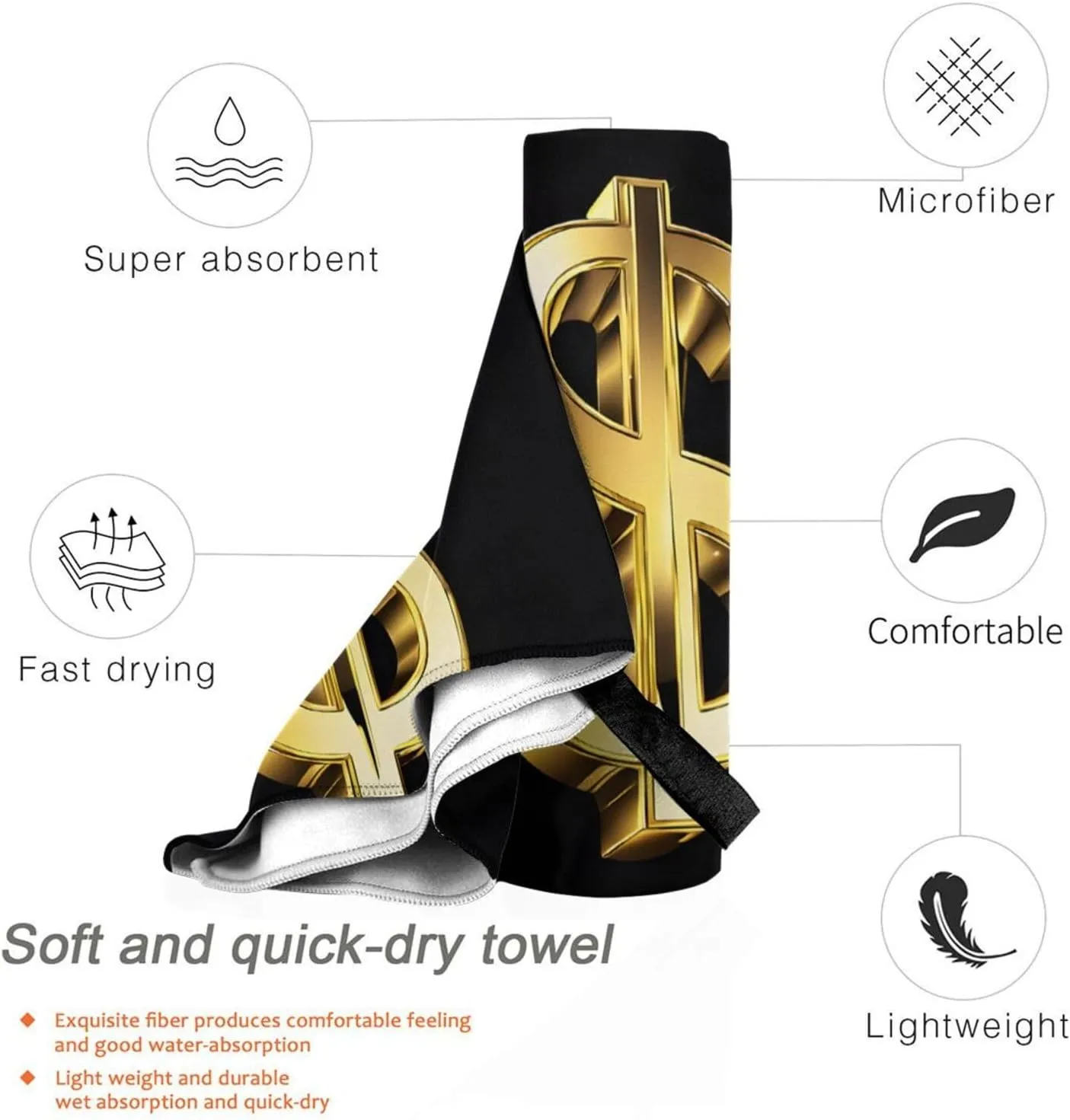 Gold Dollar Sign Premium Compact Microfiber Travel Towel-Featherlight & Quick Dry,Sand-Resistant Beach Towel for Swimming,Camping,Vacation Essentials with Carry Pouch