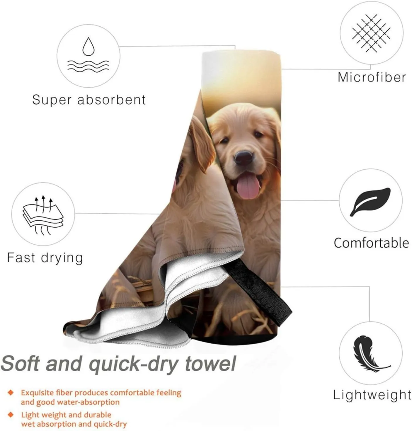 Golden Retriever Dogs Puppies Pets Premium Compact Microfiber Travel Towel-Featherlight & Quick Dry,Sand-Resistant Beach Towel for Swimming,Camping,Vacation Essentials with Carry Pouch