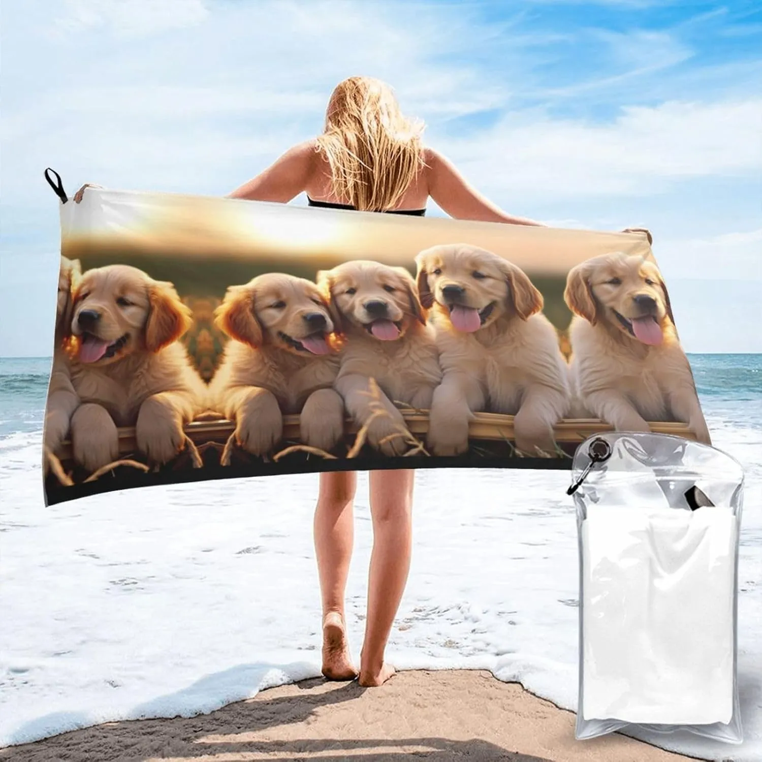 Golden Retriever Dogs Puppies Pets Premium Compact Microfiber Travel Towel-Featherlight & Quick Dry,Sand-Resistant Beach Towel for Swimming,Camping,Vacation Essentials with Carry Pouch