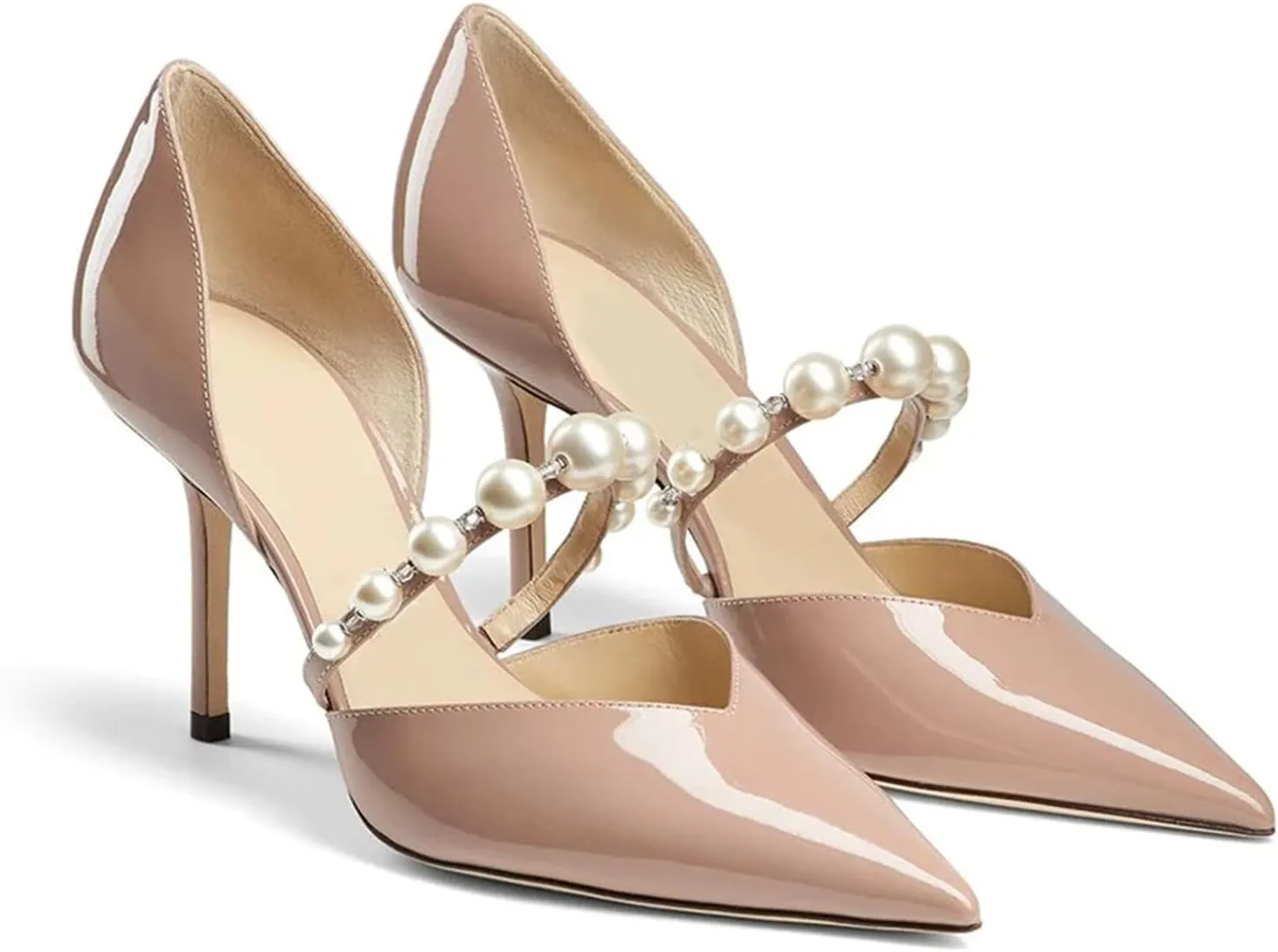 Goolita Closed Pointed Toe Stiletto High Heels Pearl Pumps for Women Patent Leather Party D'Orsay Pumps Wedding Evening Bride Shoes