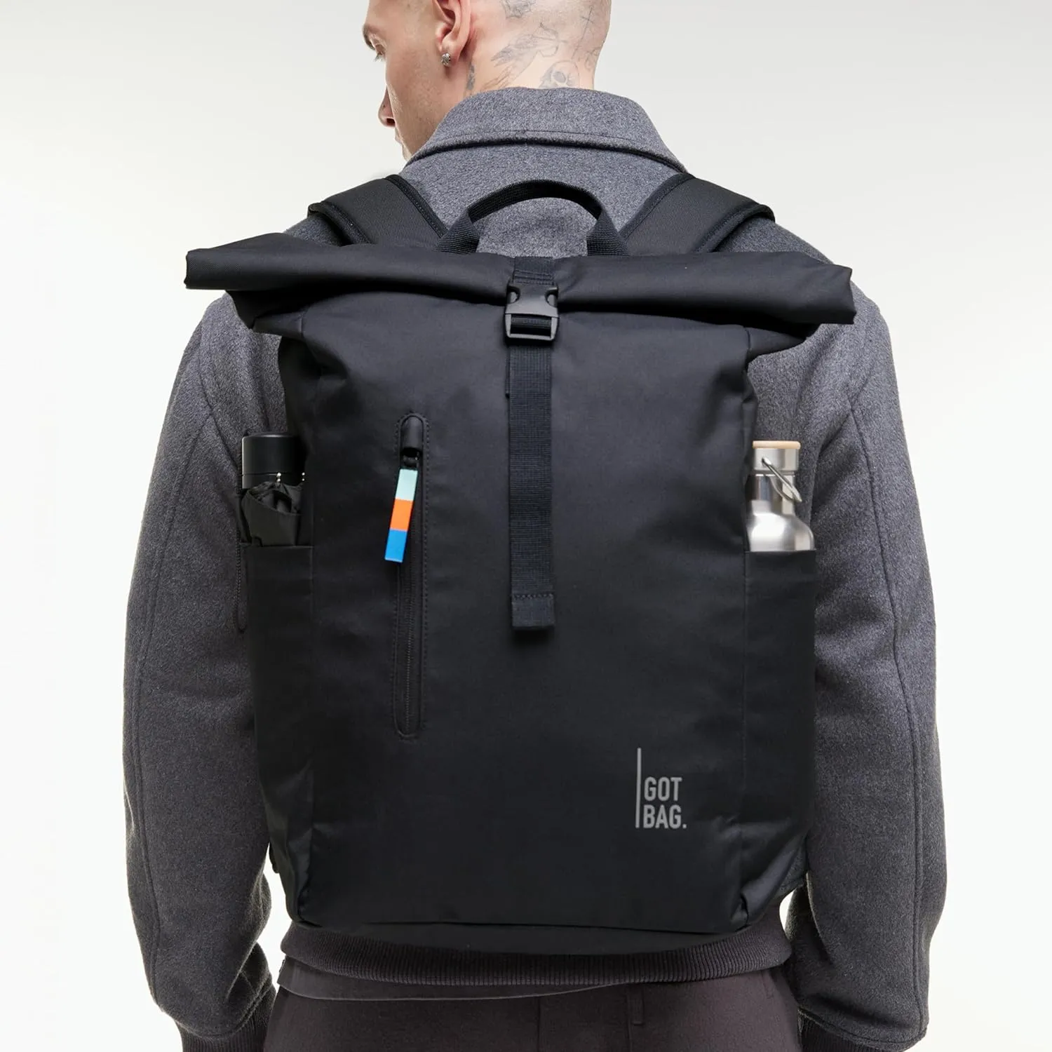 GOT BAG - ROLLTOP EASY Backpack, Backpack for Hiking & Travel with a 16” Laptop Sleeve, Eco-Conscious Bag Made of Recycled Ocean Impact Plastic™ (Black Color)