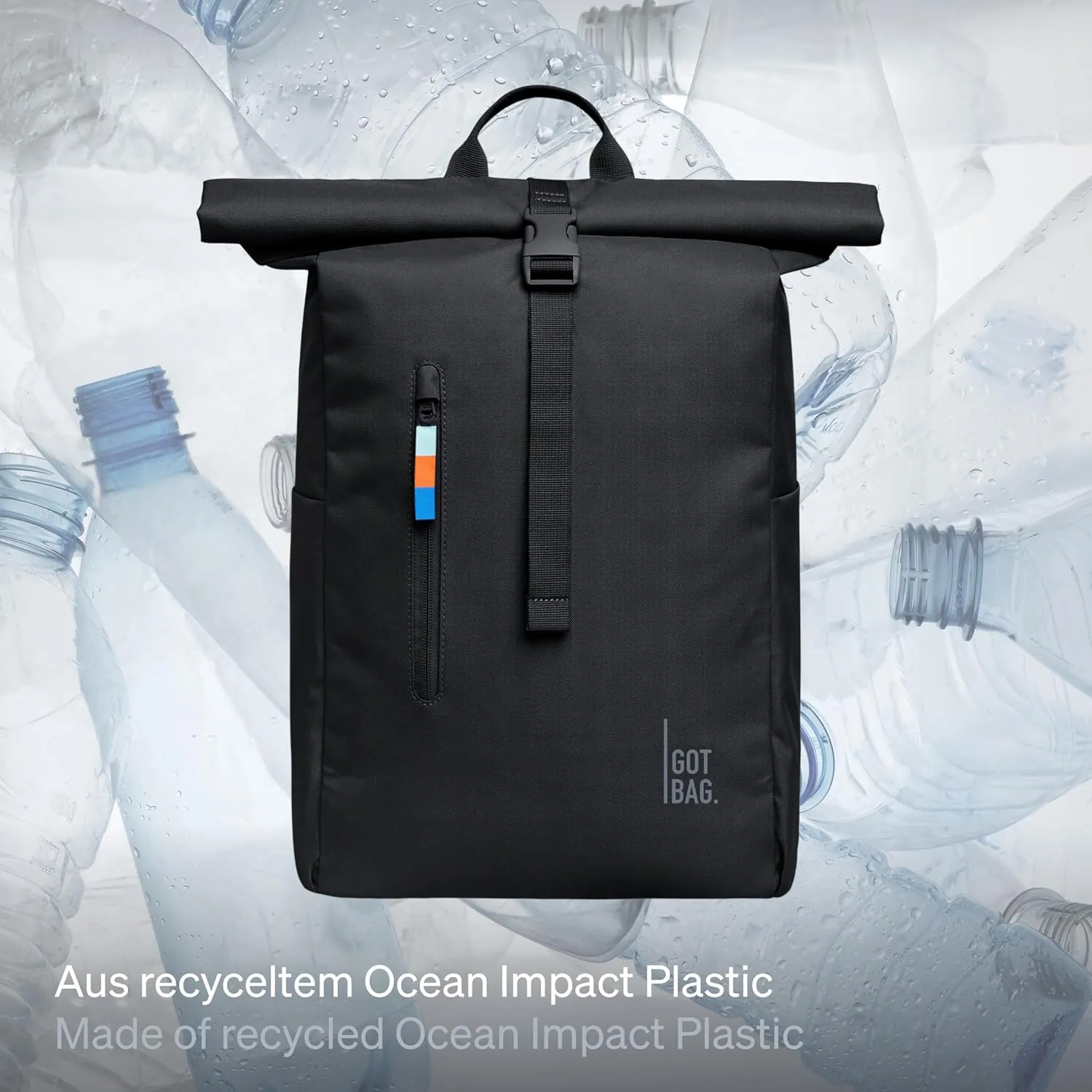 GOT BAG - ROLLTOP EASY Backpack, Backpack for Hiking & Travel with a 16” Laptop Sleeve, Eco-Conscious Bag Made of Recycled Ocean Impact Plastic™ (Black Color)