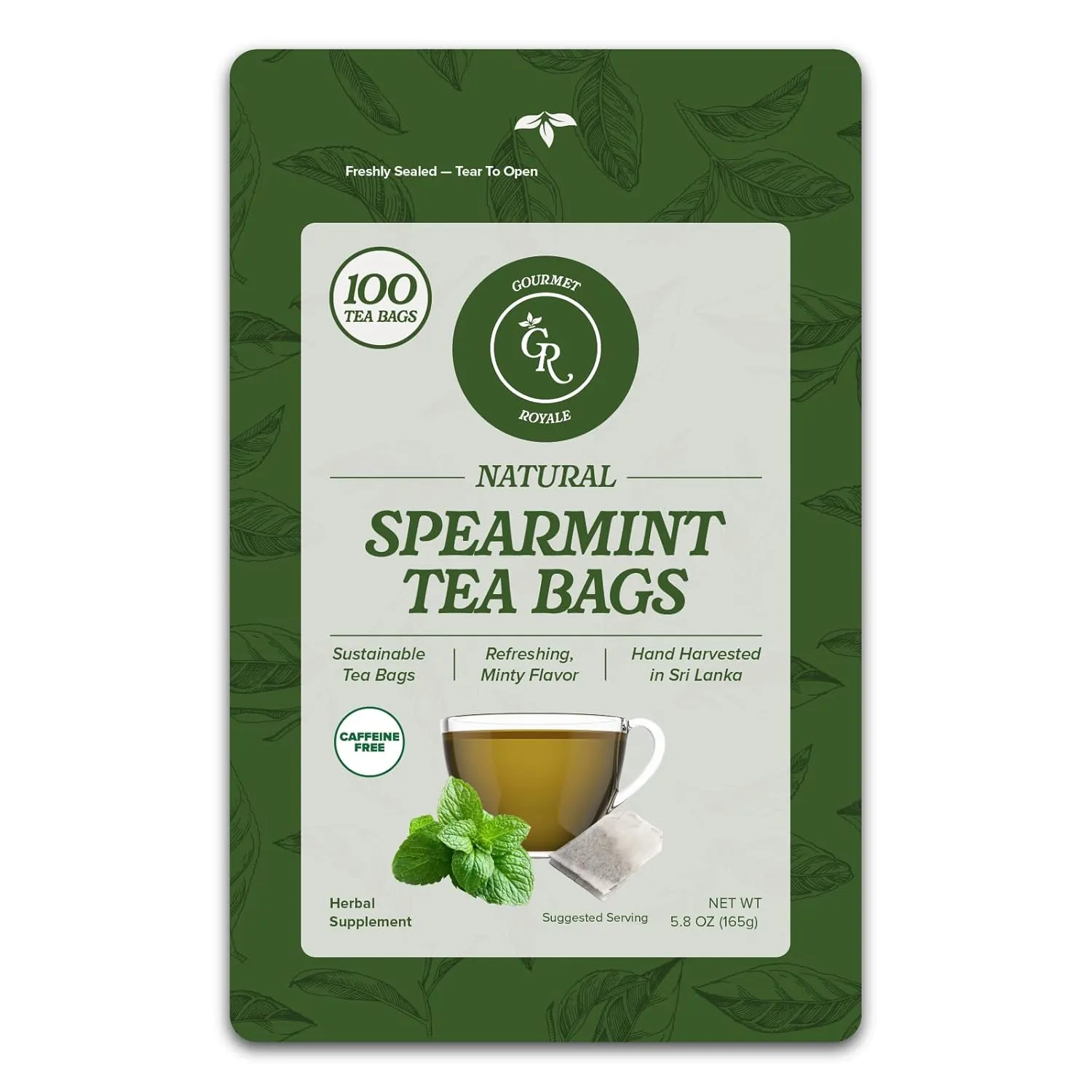 Gourmet Royale Spearmint Tea, 100 Count, Sustainable Tea Bags, Caffeine & Sugar Free, Resealable Pouch, Refreshing & Natural, Grown in Sri Lanka, (Pack of 1)