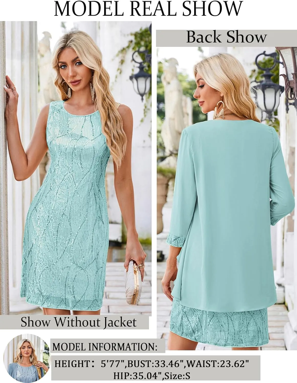 GRACE KARIN Sequin Dress for Women Knee Length Mother of the Bride Dresses Formal Dress Two Piece Dress with Chiffon Jacket