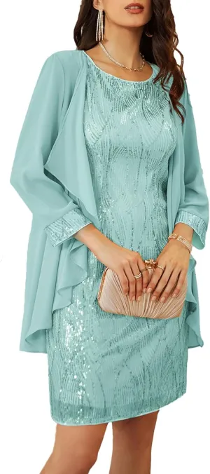 GRACE KARIN Sequin Dress for Women Knee Length Mother of the Bride Dresses Formal Dress Two Piece Dress with Chiffon Jacket