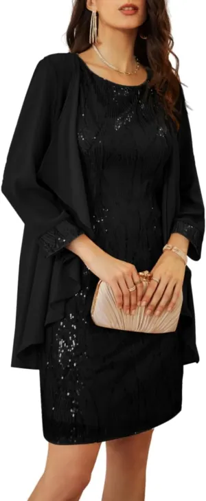 GRACE KARIN Sequin Dress for Women Knee Length Mother of the Bride Dresses Formal Dress Two Piece Dress with Chiffon Jacket