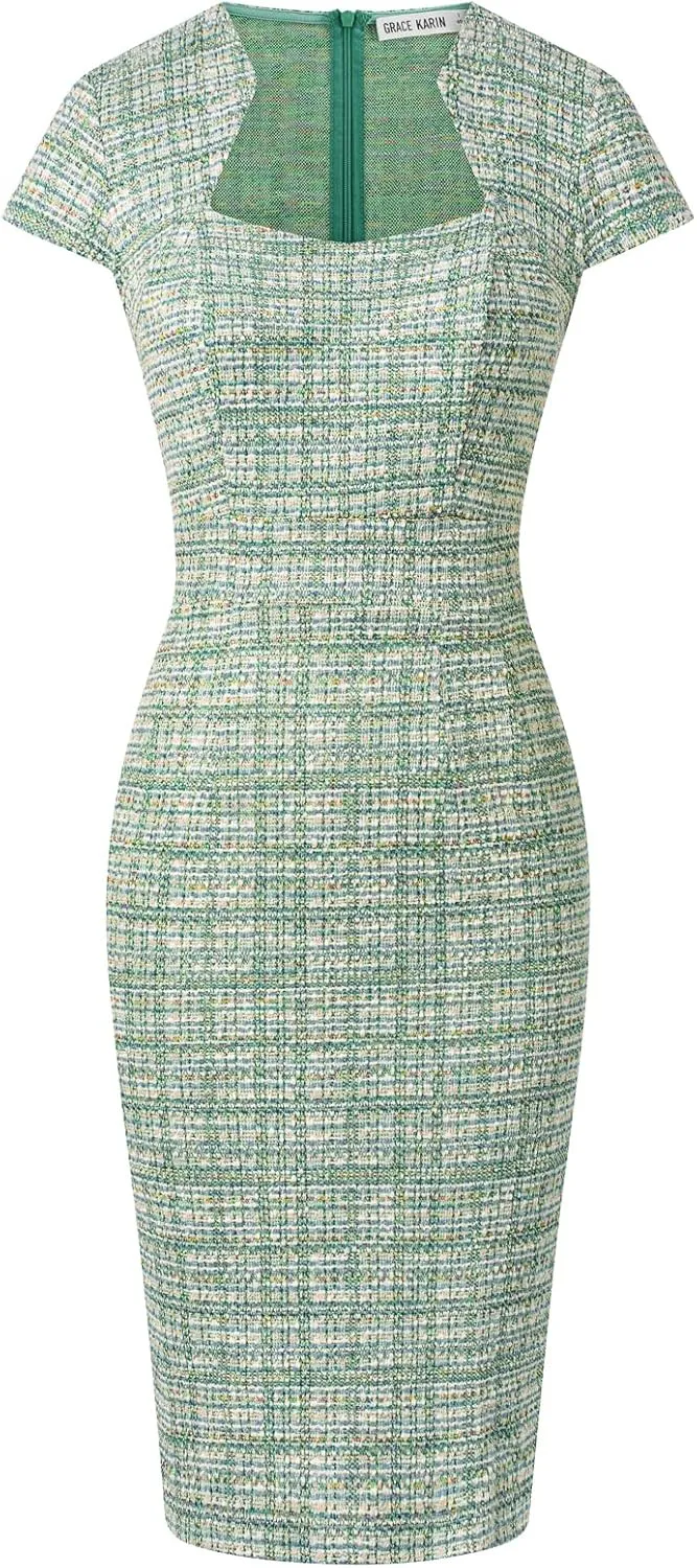 GRACE KARIN Women's Gorgeous Pencil Dress Cap Sleeve Tweed Pencil Dress for Work