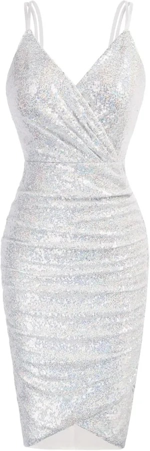 GRACE KARIN Women's Sexy Sequin Sparkly Glitter Ruched Party Club Dress Spaghetti Straps Wrap V-Neck Bodycon Dress