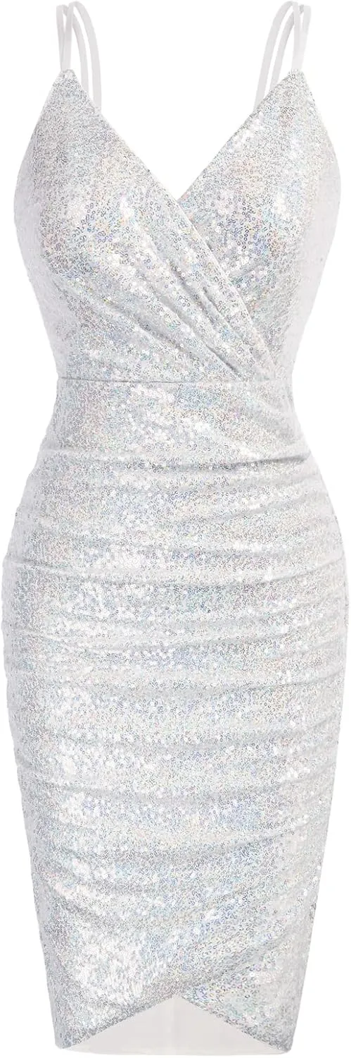 GRACE KARIN Women's Sexy Sequin Sparkly Glitter Ruched Party Club Dress Spaghetti Straps Wrap V-Neck Bodycon Dress