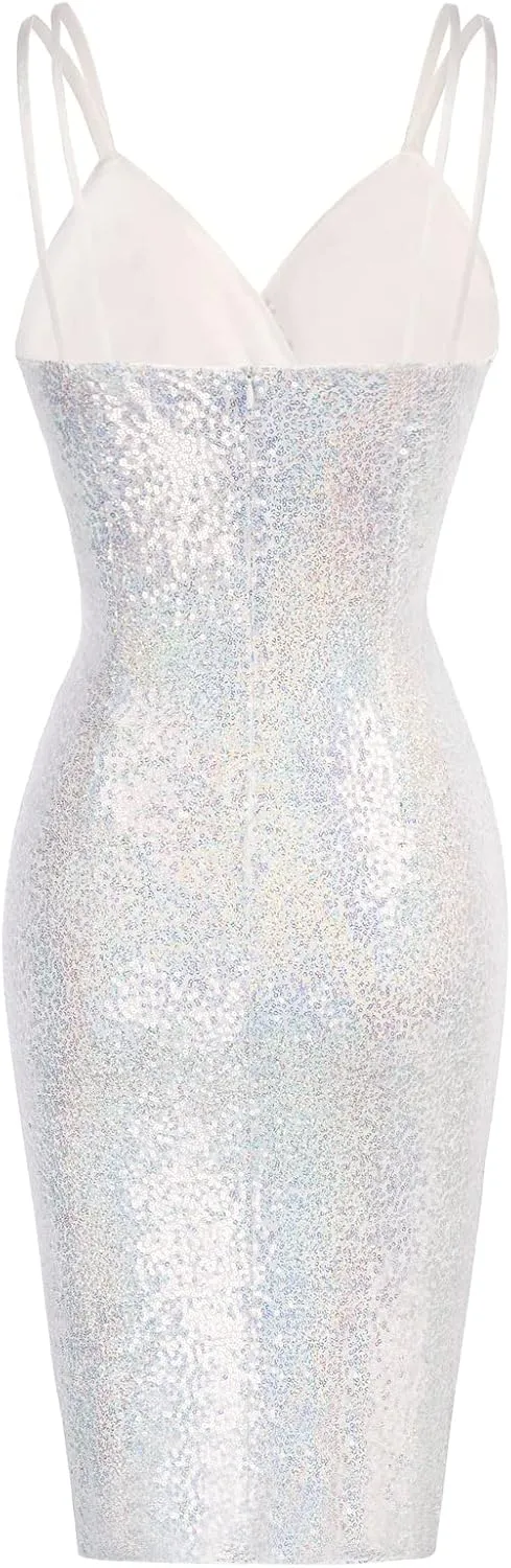 GRACE KARIN Women's Sexy Sequin Sparkly Glitter Ruched Party Club Dress Spaghetti Straps Wrap V-Neck Bodycon Dress