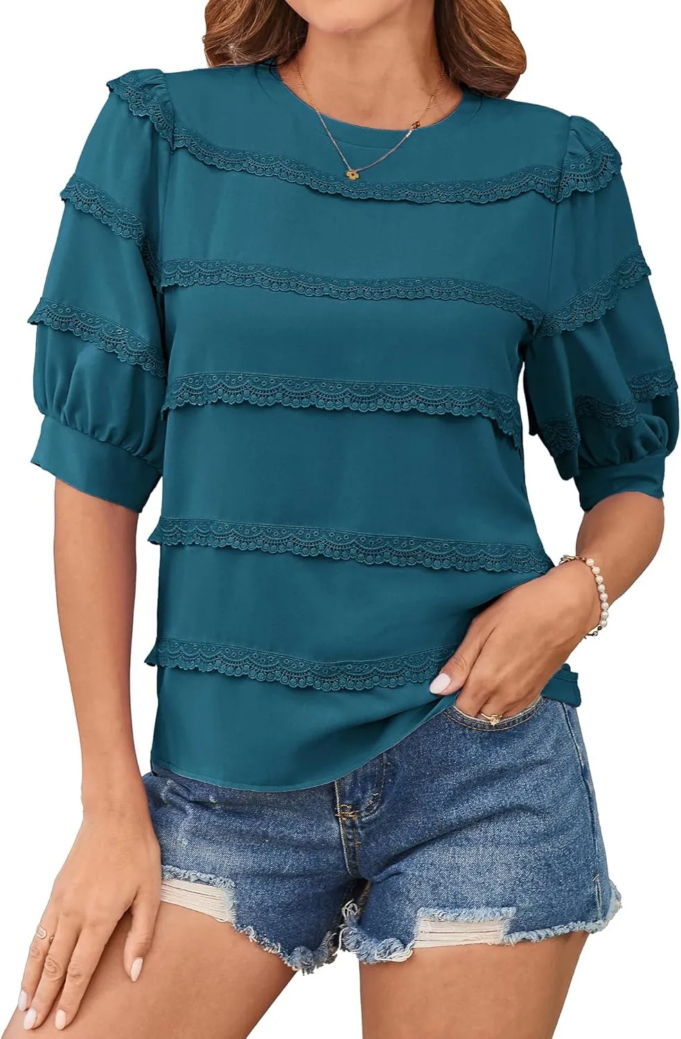 GRACE KARIN Women's Work Business Blouse Casual Puff Short Sleeve Shirts Lace Tops Loose Fit