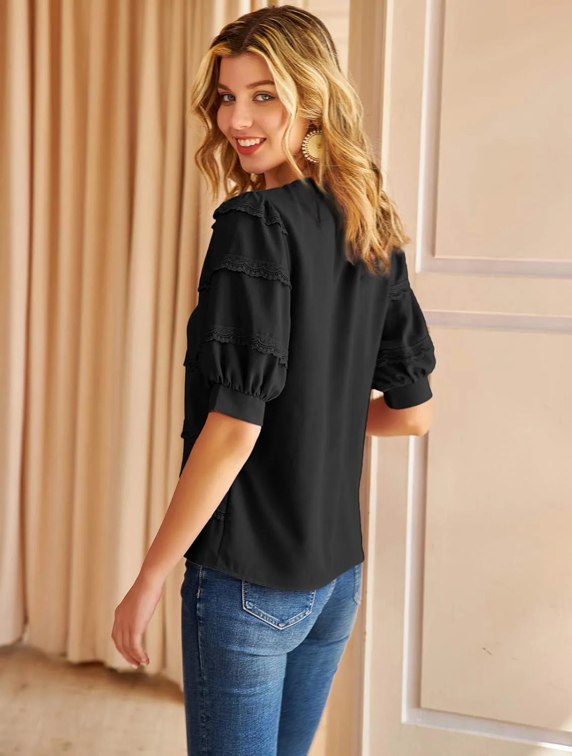 GRACE KARIN Women's Work Business Blouse Casual Puff Short Sleeve Shirts Lace Tops Loose Fit
