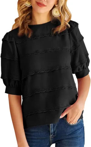 GRACE KARIN Women's Work Business Blouse Casual Puff Short Sleeve Shirts Lace Tops Loose Fit