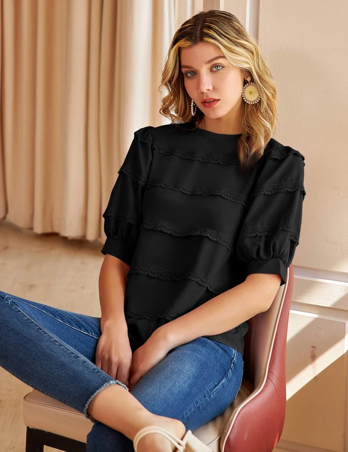 GRACE KARIN Women's Work Business Blouse Casual Puff Short Sleeve Shirts Lace Tops Loose Fit