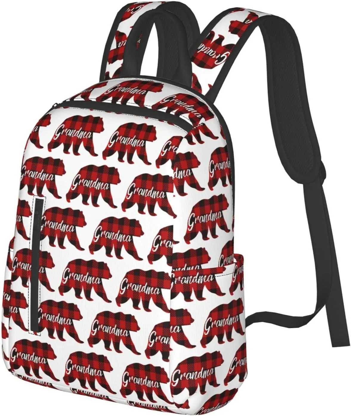 Grandma Bear Red Black Plaid Casual Backpacks Large Capacity Laptop Backpack Sports Rucksack Travel Daypack Adjustable Shoulder Strap Work Bag for Outdoor Camping