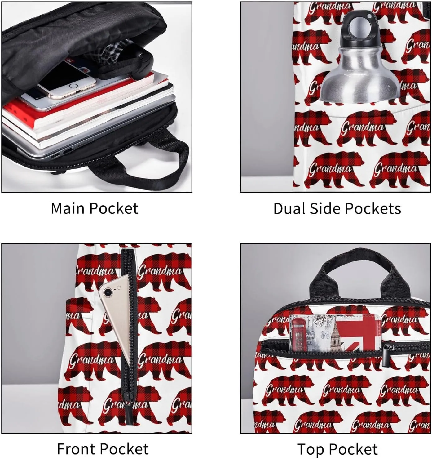 Grandma Bear Red Black Plaid Casual Backpacks Large Capacity Laptop Backpack Sports Rucksack Travel Daypack Adjustable Shoulder Strap Work Bag for Outdoor Camping