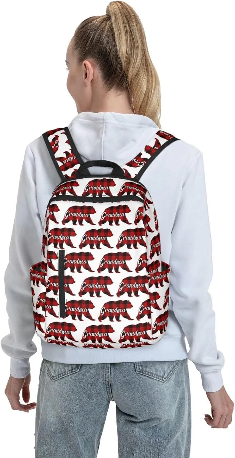 Grandma Bear Red Black Plaid Casual Backpacks Large Capacity Laptop Backpack Sports Rucksack Travel Daypack Adjustable Shoulder Strap Work Bag for Outdoor Camping